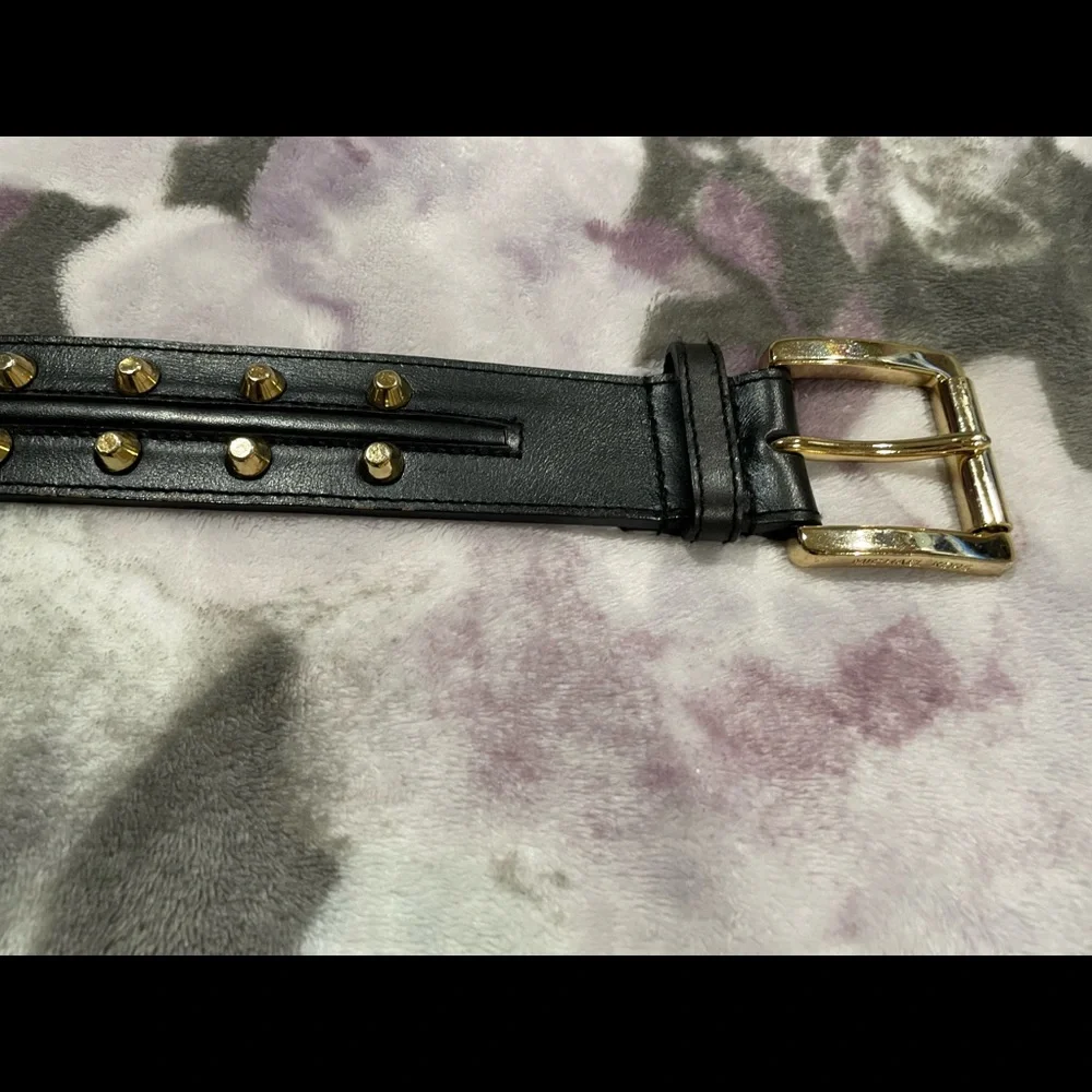 Michael Kors Black Leather Studded Belt with Gold Hardware
